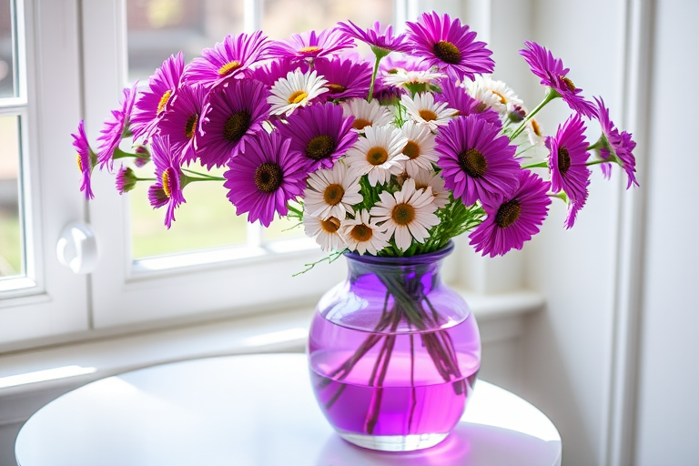 A vibrant purple vase filled with purple daisies and white flowers on a round white table by a bright window, taken with a DSLR camera at f/2.8, 50mm lens, 1/125s shutter speed, natural light for enhanced color and clarity.