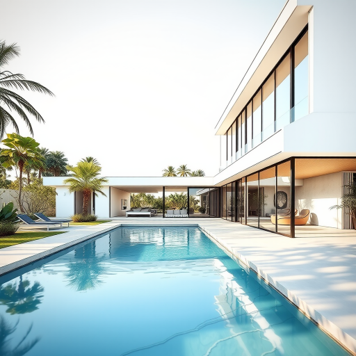 modern architectural design of a house with large glass windows and a pool, architectural sketch style, soft natural lighting, taken with a DSLR camera at f/8 aperture, ISO 100, 24mm lens, HDR photography, shallow depth of field.