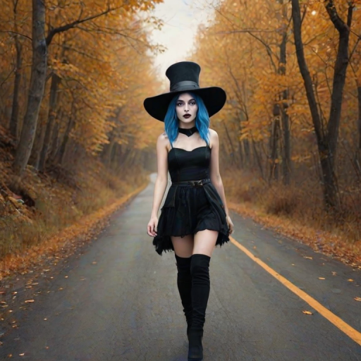 digital art fantasy depicting a strange girl with blue hair, long eyelashes, black lipstick and a tall hat walking along a winding road on an autumn afternoon, an Ape smiles as she passes