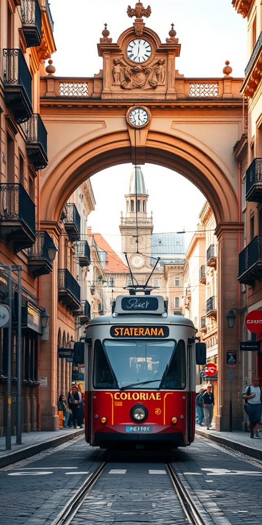 Generate a vibrant street scene of a historic city with a vintage tram passing through an archway, lush colors, high dynamic range, soft focus; camera settings: ISO 100, f/8, 1/250s; camera view: wide-angle; camera style: cinematic; camera type: DSLR.