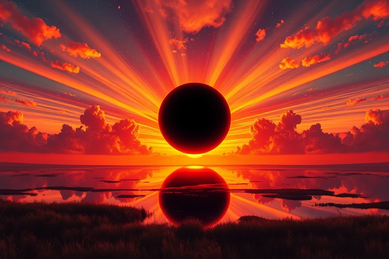 Create a vibrant digital artwork of a cosmic sunset with a black sun in the center, surrounded by luminous clouds and a reflective lake in the foreground, using a Canon EOS R5, with an aperture of f/8, ISO 100, and a focal length of 24mm to enhance the detail and depth of the scene.