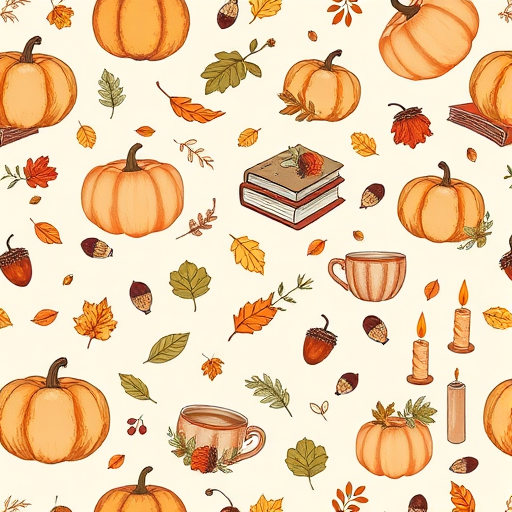 Create a seamless pattern featuring hand-drawn elements such as pumpkins, books, coffee cups, leaves, acorns, and candles on a light beige background. The design should have a whimsical and cozy autumn theme, with a balanced distribution of the various elements throughout the composition.