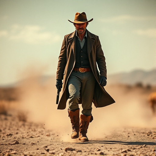 Create an image of a western gunslinger walking confidently in a dusty landscape, wearing a long coat, cowboy hat, and rugged boots, with dynamic lighting, shallow depth of field, using a DSLR camera with an aperture of f/2.8, ISO 100, 50mm lens, capturing a cinematic style from a low angle perspective.