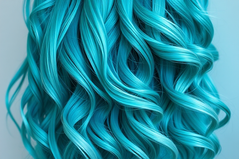 Vibrant teal mermaid waves cascading down to the waist, shimmering with iridescent highlights, styled in loose beachy curls called "Ocean's Whisper" exuding a carefree and ethereal vibe