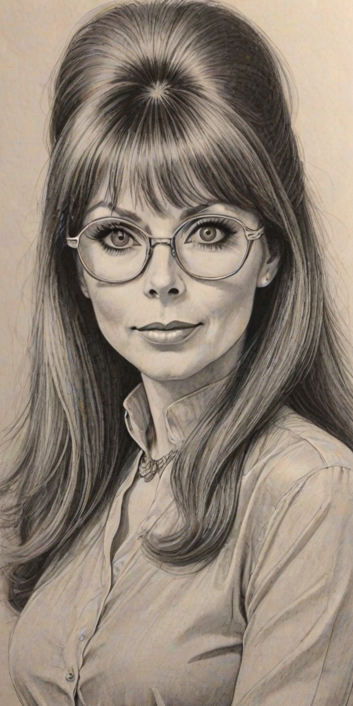 Fascinating Cassandra Peterson, pencil sketch, portrait of Fascinating woman 1964s in glasses, hair style beatnik, outline, clear lines, fine lines, 8k