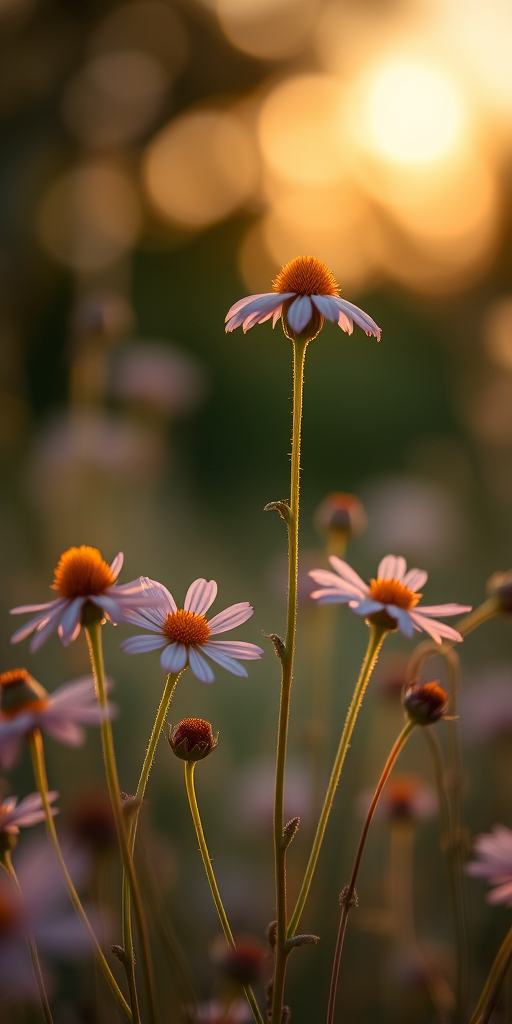 close-up of wildflowers in soft evening light, shallow depth of field, ISO 100, f/2.8, 1/200s, 50mm lens, DSLR, natural light, blurry background for enhanced focus on flowers