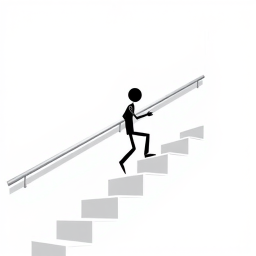 Create a stylized vector graphic of a stick figure walking up a staircase, using a clean and modern design, high resolution, with a 50mm lens, f/2.8 aperture, soft lighting, shot from a slightly low angle for an empowering perspective, in digital illustration style.