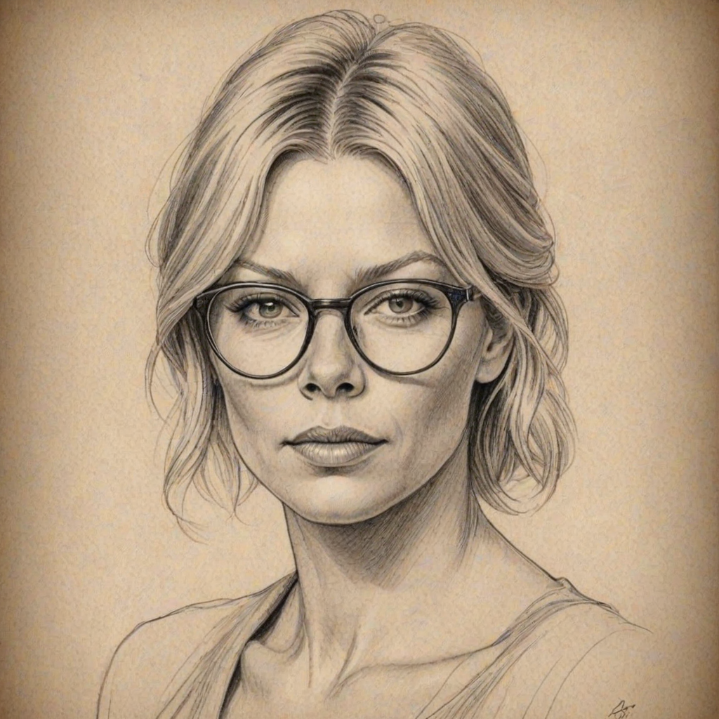 Graceful Peta Wilson, pencil sketch, portrait of Magnificent woman 1927s in glasses, hair style beatnik, outline, clear lines, fine lines, 8k