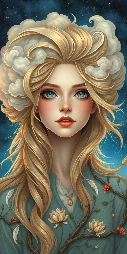 Create a series of imaginative portraits where each subject is infused with elements of fantasy and nature. The hair of the individuals should flow like clouds, varying from soft, fluffy cumulus to wispy cirrus strands, with hints of color reflecting a sunset or a clear blue sky. The eyes should be windows to entire galaxies, with stars, nebulae, and distant planets visible within them. Clothing should be adorned with nature motifs, such as floral patterns that bloom and change, vines that seem to grow and wrap around, or feathers that shimmer with iridescence. Each portrait should capture a unique personality, blending human features with the ethereal beauty of the natural and cosmic world. The backgrounds can vary, from starry night skies to enchanted forests, adding depth and context to the magical realism of the portraits