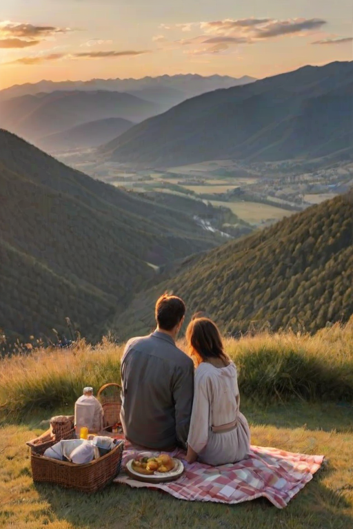Scenic viewpoint overlooking a valley, with a couple enjoying a picnic, the sun setting behind the mountains, creating a romantic and serene moment.