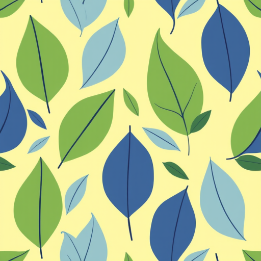 create a seamless pattern design featuring stylized green and blue leaves on a soft yellow background, high resolution, 50mm lens, f/5.6 aperture, studio lighting, shot with a digital SLR camera