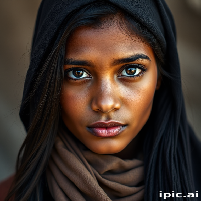 Create a portrait of a young Sri Lankan woman with long, dark hair and captivating hazel eyes. She is wearing a dark headscarf and a matching scarf draped gracefully around her neck. The background is softly blurred, focusing attention on her serene and natural expression. The overall color palette is muted and warm, enhancing the intimate and authentic feel of the portrait.