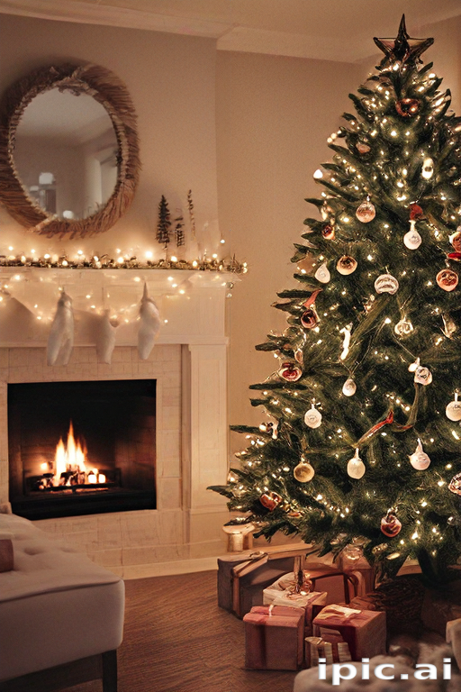 Cozy Holiday Scene with Decorated Christmas Tree and Warm Fireplace Glow