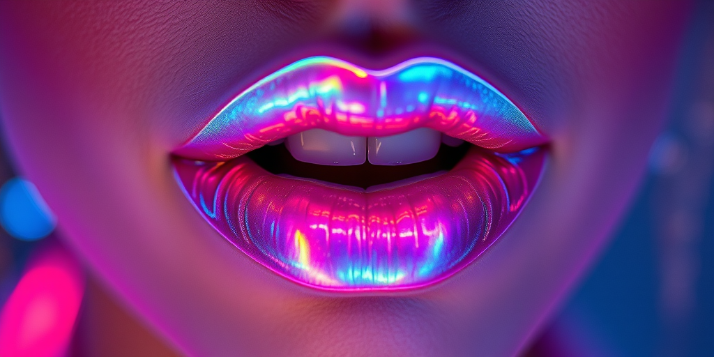Ethereal holographic lips with iridescent pigments, shifting colors as light moves across them, captured in a futuristic and avant-garde beauty shot