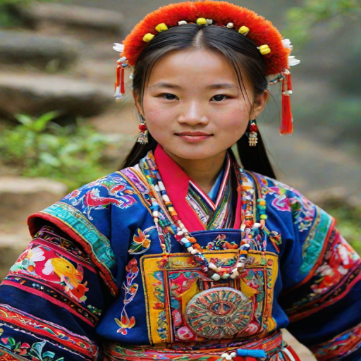 A beautiful Miao girl, wearing colorful bird clothing with vibrant colors