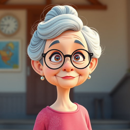 Create a high-resolution cartoon image of a cute elderly woman with gray hair styled in a bun, wearing a pink dress and round glasses, captured with a Canon EOS 5D Mark IV, 50mm lens, f/1.8 aperture, ISO 100, in a soft daylight setting for vibrant colors and gentle shadows.