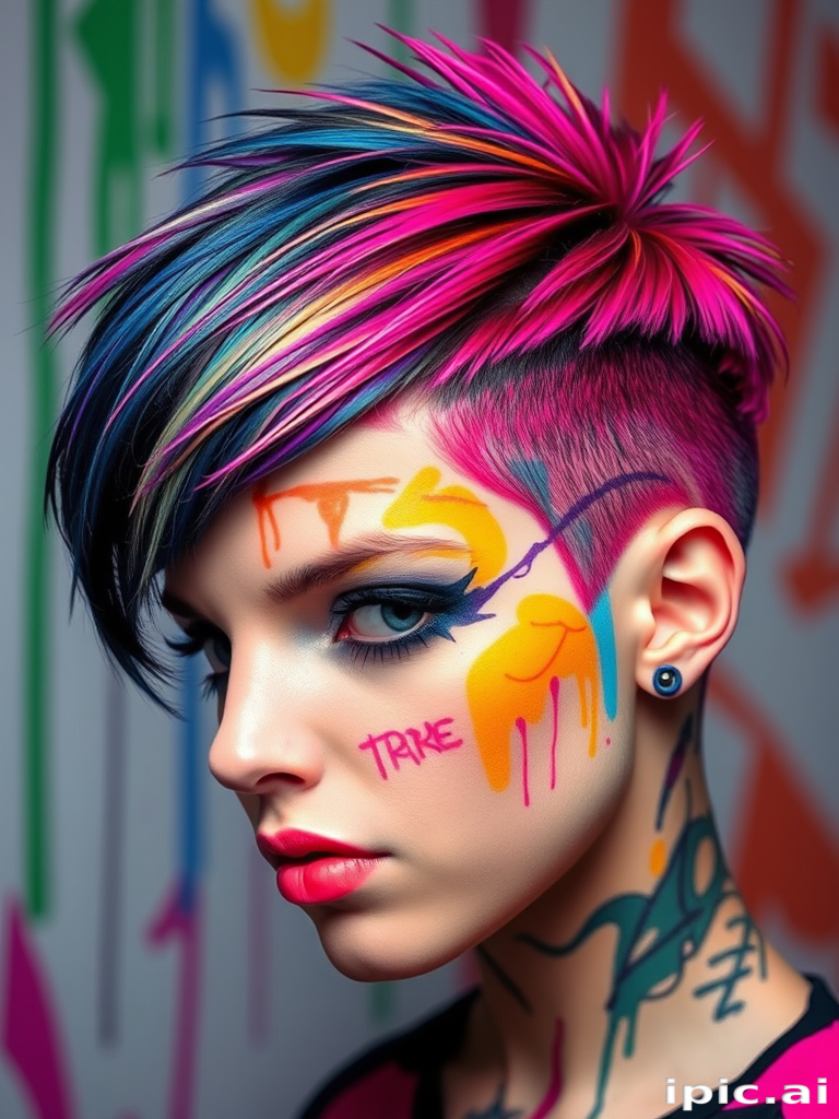 Edgy graffiti-inspired pixie cut featuring a kaleidoscope of neon hues in abstract patterns, with shaved sides for added drama