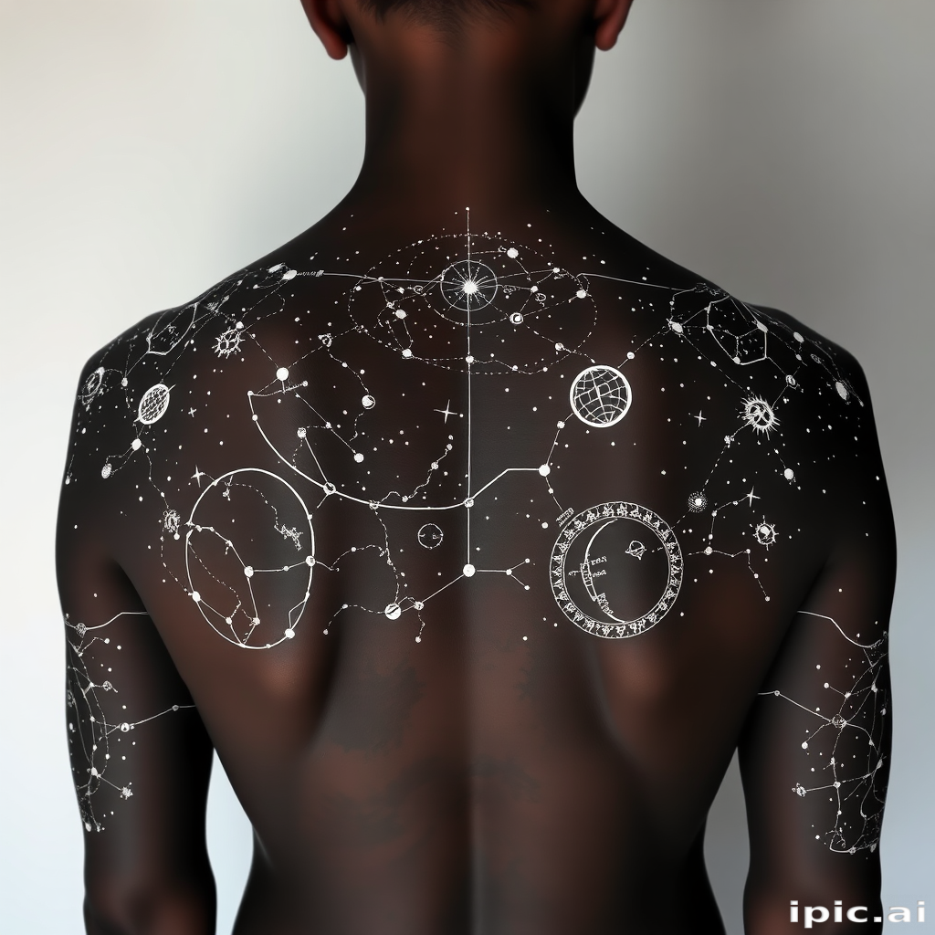 Ethereal body tattoo of constellation maps and celestial bodies spanning across the shoulders and upper arms, rendered in shimmering white ink on dark skin
