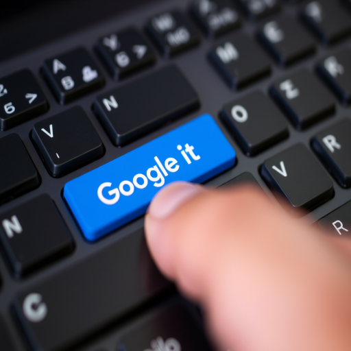 Close-up of a computer keyboard with a prominent blue button labeled Google It, focus on the button with a hand pressing it, aperture f/2.8, ISO 100, 50mm lens, shallow depth of field, soft background blur, taken with a DSLR camera.