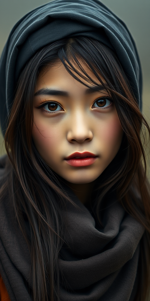 Create a portrait of a young japanese woman with long, dark hair and captivating hazel eyes. She is wearing a dark headscarf and a matching scarf draped gracefully around her neck. The background is softly blurred, focusing attention on her serene and natural expression. The overall color palette is muted and warm, enhancing the intimate and authentic feel of the portrait.