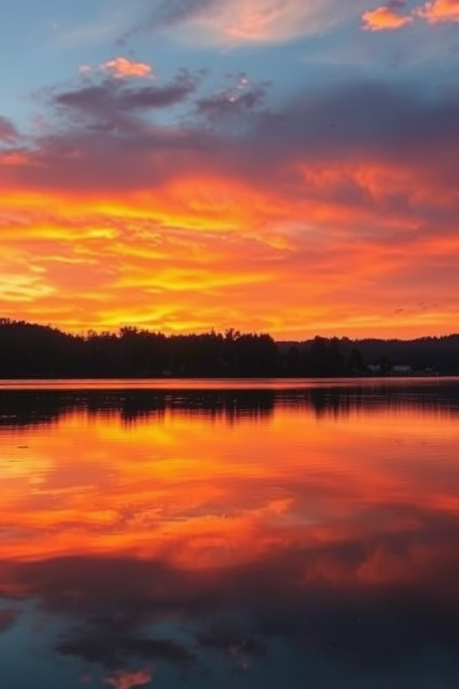 capture a high-resolution image of a tranquil sunset over a calm lake with vibrant colors and reflections, using a DSLR camera, aperture f/8, ISO 100, shutter speed 1/200s, landscape orientation, wide-angle lens, with soft lighting for enhanced detail and clarity