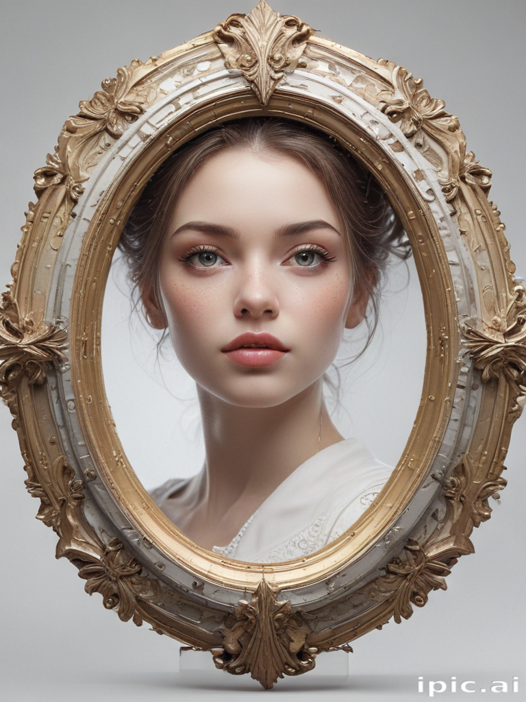 Elegant Portrait of a Young Woman Framed by Ornate Vintage Decor