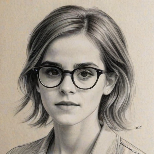 Exquisite Emma Watson, pencil sketch, portrait of Graceful woman 1979s in glasses, hair style beatnik, outline, clear lines, fine lines, 8k