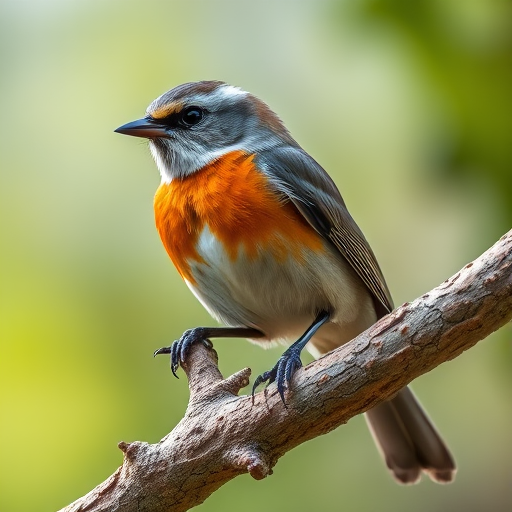 A close-up shot of a bird perched on a textured branch with soft blurred background, natural lighting, ISO 200, aperture f/4, shutter speed 1/200s, using a DSLR camera with a 100mm lens, capturing detail and vibrant colors.
