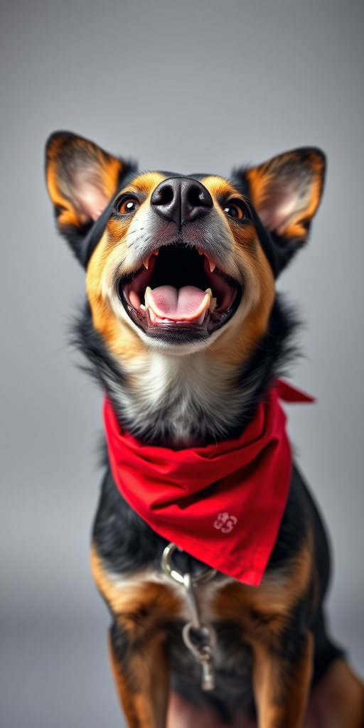 Capture a close-up portrait of a medium-sized dog with a playful expression, wearing a bright red bandana, using a 50mm lens at f/1.8, shoot at ISO 200, 1/100 sec shutter speed, soft diffused lighting from the left, in a studio setting with a plain gray background.