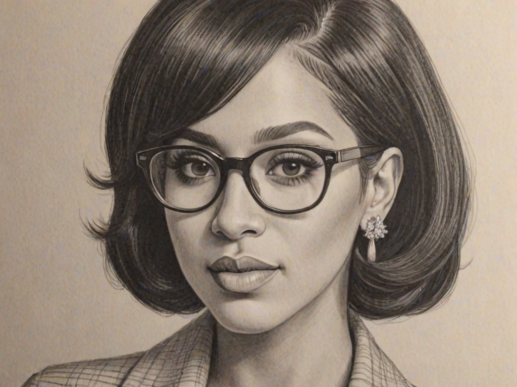 Beauteous Cardi B, pencil sketch, portrait of Pleasing woman 1959s in glasses, hair style beatnik, outline, clear lines, fine lines, 8k