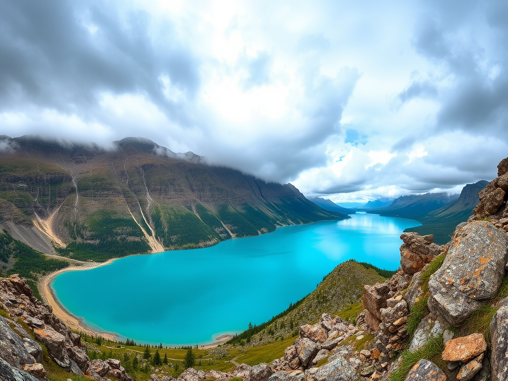 scenic mountain lake with turquoise water and rocky cliffs under a cloudy sky, wide-angle view, f/8 aperture, ISO 100, 24mm lens, DSLR camera, natural lighting, enhanced color saturation