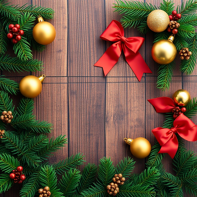 Create a vibrant holiday-themed image featuring a wooden background adorned with green pine branches, golden ornaments, and festive bows, using a DSLR camera with a 50mm lens, ISO 100, f/2.8 aperture, and a shallow depth of field to enhance detail and focus on the decorations.