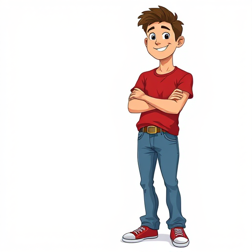 Create a cartoon character of a young man with a playful expression, wearing a red t-shirt and blue jeans, standing confidently with arms crossed, mid-shot, using a DSLR camera at f/8 aperture, ISO 200, 50mm lens, soft lighting for a clean background.