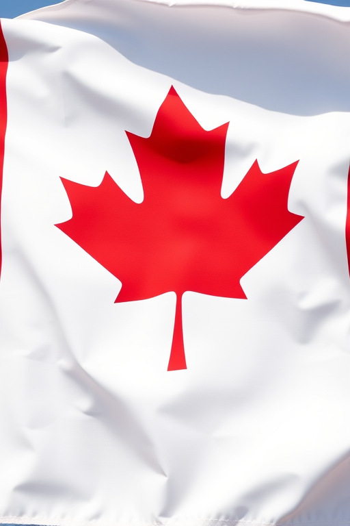 Create a high-resolution image of the Canadian flag featuring a vibrant red maple leaf centered on a white background, captured with a Canon EOS R5, f/8 aperture, 1/125s shutter speed, ISO 100, in a landscape orientation with natural lighting to enhance color saturation and detail.