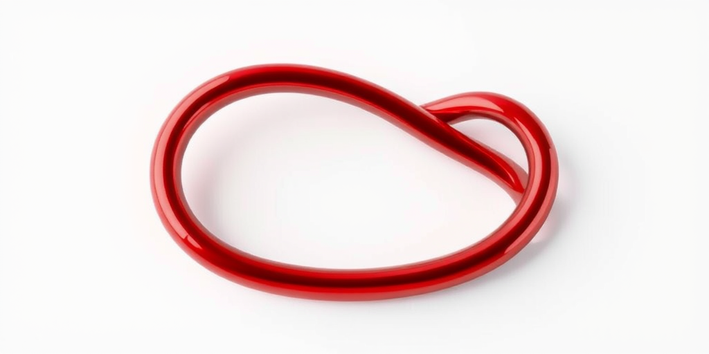 Create a 3D rendering of a shiny red infinity symbol on a white background, using a DSLR camera with a 50mm lens, aperture f/2.8, ISO 100, and a softbox for lighting to enhance reflections and detail.