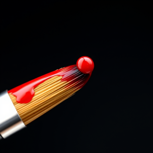 Create a high-resolution image of a paintbrush with a drop of red paint on its tip, captured from a 45-degree angle, using a macro lens with an aperture of f/2.8, ISO 100, and a soft focus background to enhance depth and detail.