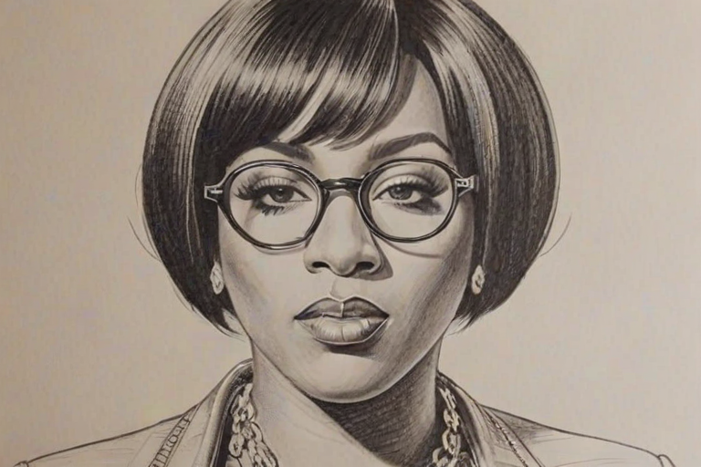 Dazzling Missy Elliott, pencil sketch, portrait of Stunning woman 1926s in glasses, hair style beatnik, outline, clear lines, fine lines, 8k