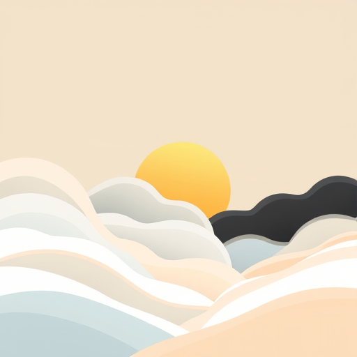 Create an abstract landscape illustration featuring soft, layered clouds in pastel shades of white, beige, blue, and black, with a warm sun in the background, using a digital art style with high-resolution settings; camera type DSLR, lens 35mm, aperture f/8, ISO 100, and bright natural lighting for enhanced clarity.