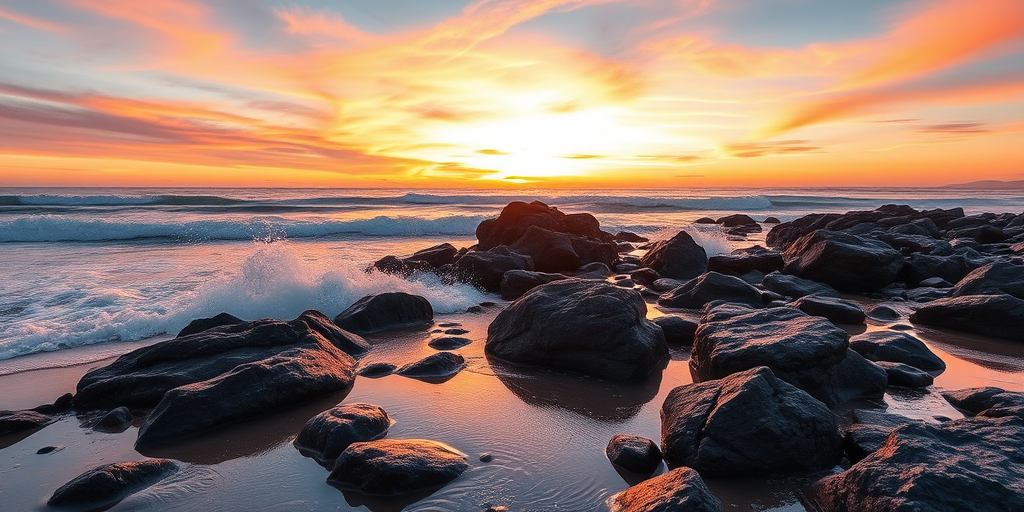 sunset at the beach with crashing waves between rocky formations, capture the vibrant colors of the sky and reflective water, use a DSLR camera with a 24mm lens, aperture f/11, ISO 100, shutter speed 1/60s, shoot in RAW format for better post-processing flexibility