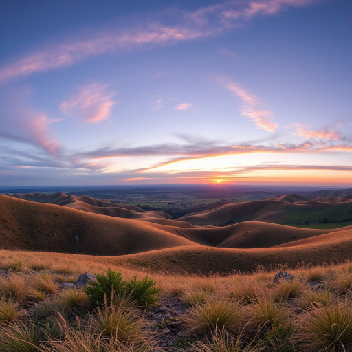 Create a high-resolution image of a serene landscape featuring rolling hills and a sunset, using a DSLR camera with an aperture of f/8, shutter speed of 1/125s, ISO 200, shot from a panoramic view, in landscape orientation with vibrant colors and enhanced contrast.