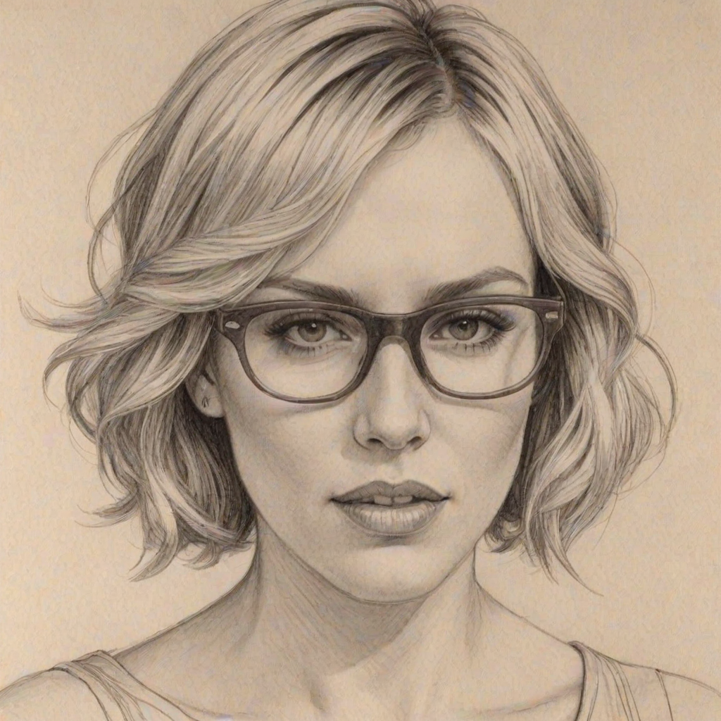 Captivating Natasha Bedingfield, pencil sketch, portrait of Delightful woman 1931s in glasses, hair style beatnik, outline, clear lines, fine lines, 8k