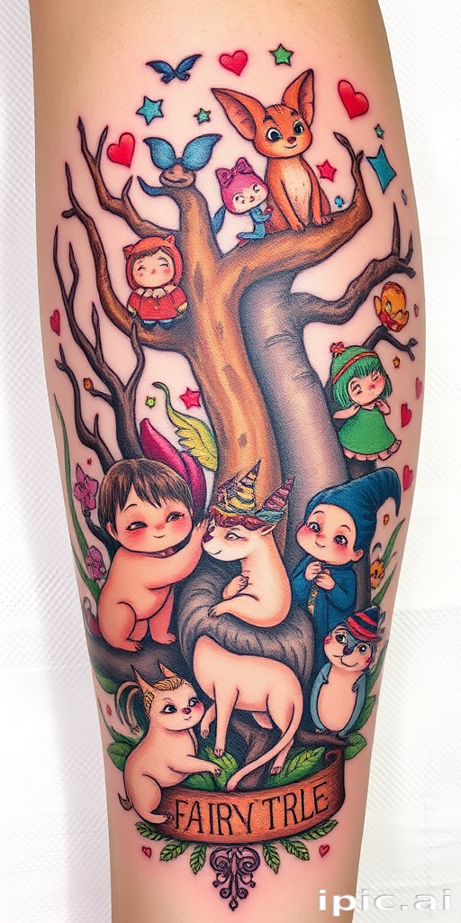 Illustrative tattoo titled "Fairytale Menagerie" portraying a whimsical collection of storybook characters and mythical creatures intertwined in a enchanted forest scene with soft color gradients