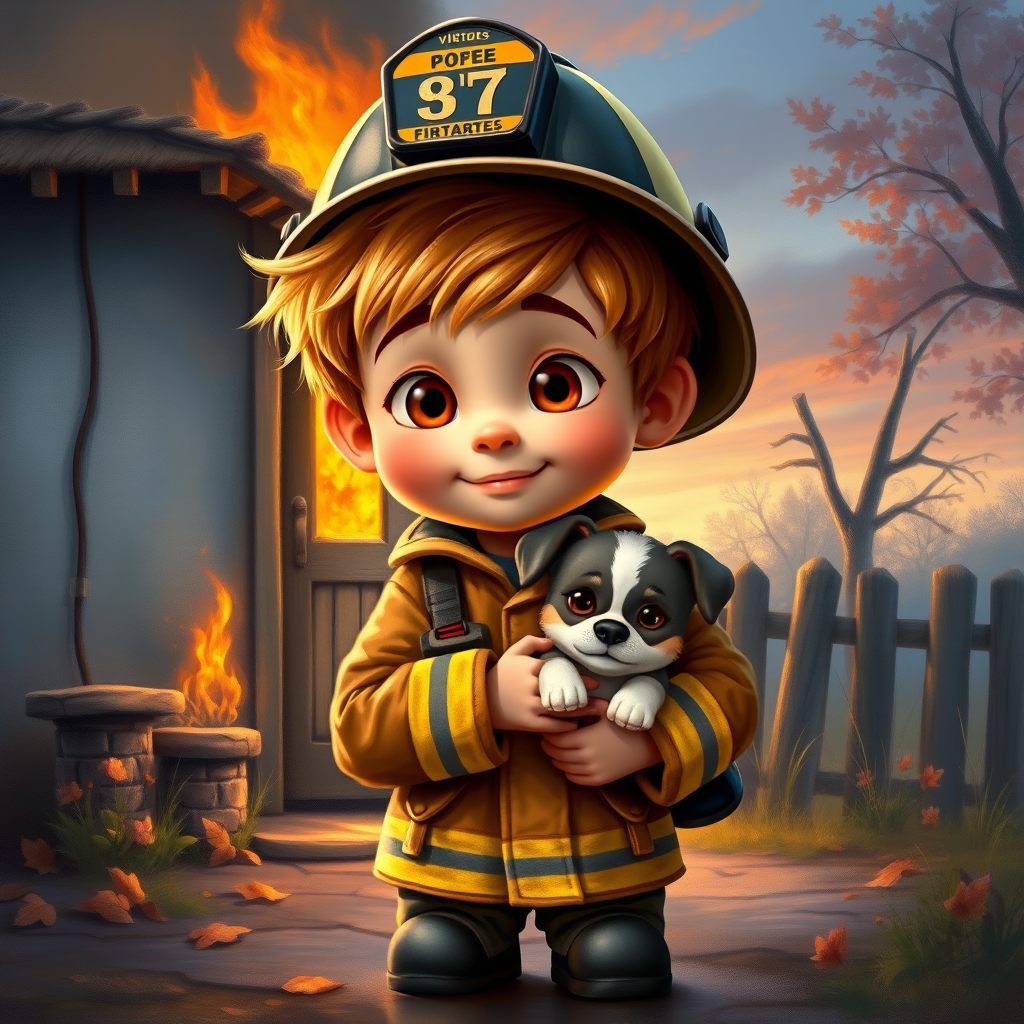 airbrushed oil painting, pixar style, cute little boy in fireman gear, helmet, tousled hair, expressive eyes, standing in the doorstep of a cottage burning behind him, holding a cute little dog in his arm, atumn sky