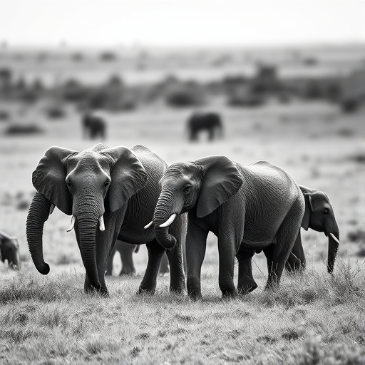 black and white photograph of a family of elephants in a grassy landscape with a blurred background, taken with a Canon EOS R5, 50mm lens, aperture f/2.8, ISO 200, shutter speed 1/500s, natural lighting, shallow depth of field