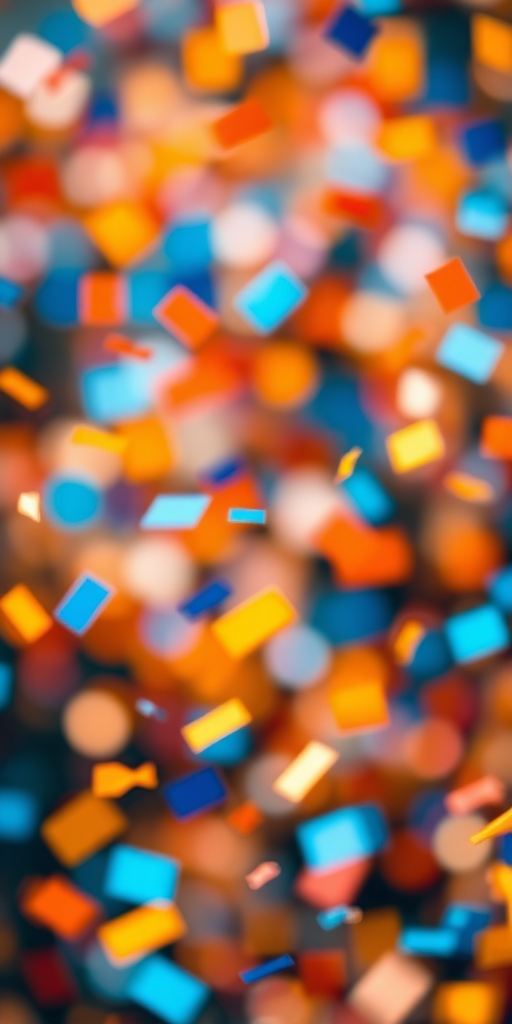 Create an abstract image of colorful confetti in motion with vibrant blue, orange, and yellow tones, shallow depth of field, 50mm lens, f/2.8 aperture, ISO 100, and natural light for enhanced clarity and texture.