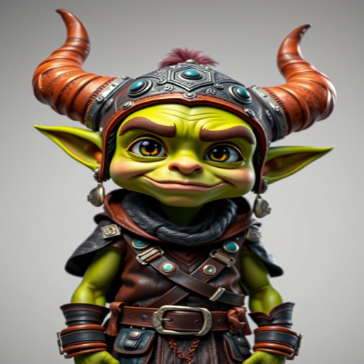 A cartoonish green goblin character with large horns on its helmet, wearing a leather outfit adorned with accessories, against a plain background, captured with a DSLR camera at f/2.8, ISO 100, 50mm lens, shot in a studio setting with soft lighting for enhanced detail and vibrant colors.