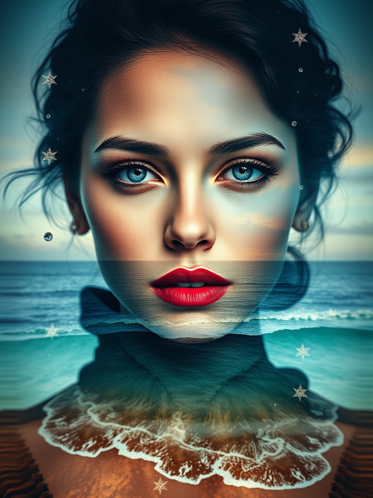 this image is Book cover, A surreal double exposure portrait that blends a woman's face with a beautiful seascape. The overall mood is dreamy and mystical, with rich colors and intricate details