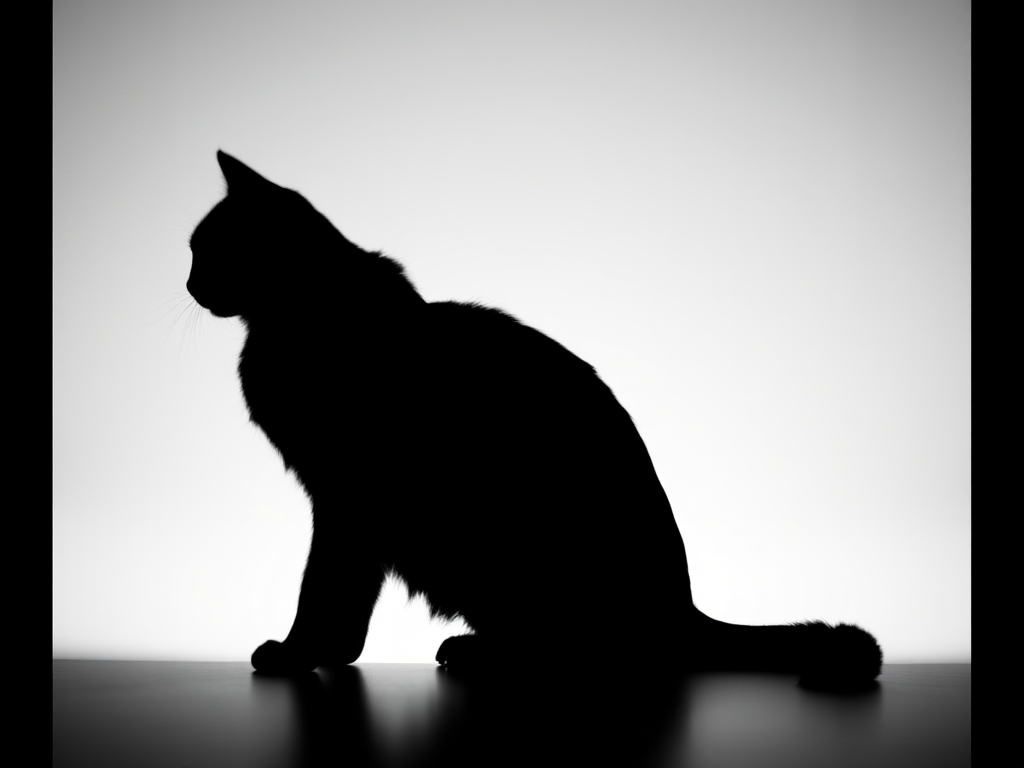 Generate a high-resolution black silhouette of a cat sitting gracefully with a soft gradient background using a DSLR camera, aperture f/2.8, ISO 100, 50mm lens, shot from a low angle for depth.