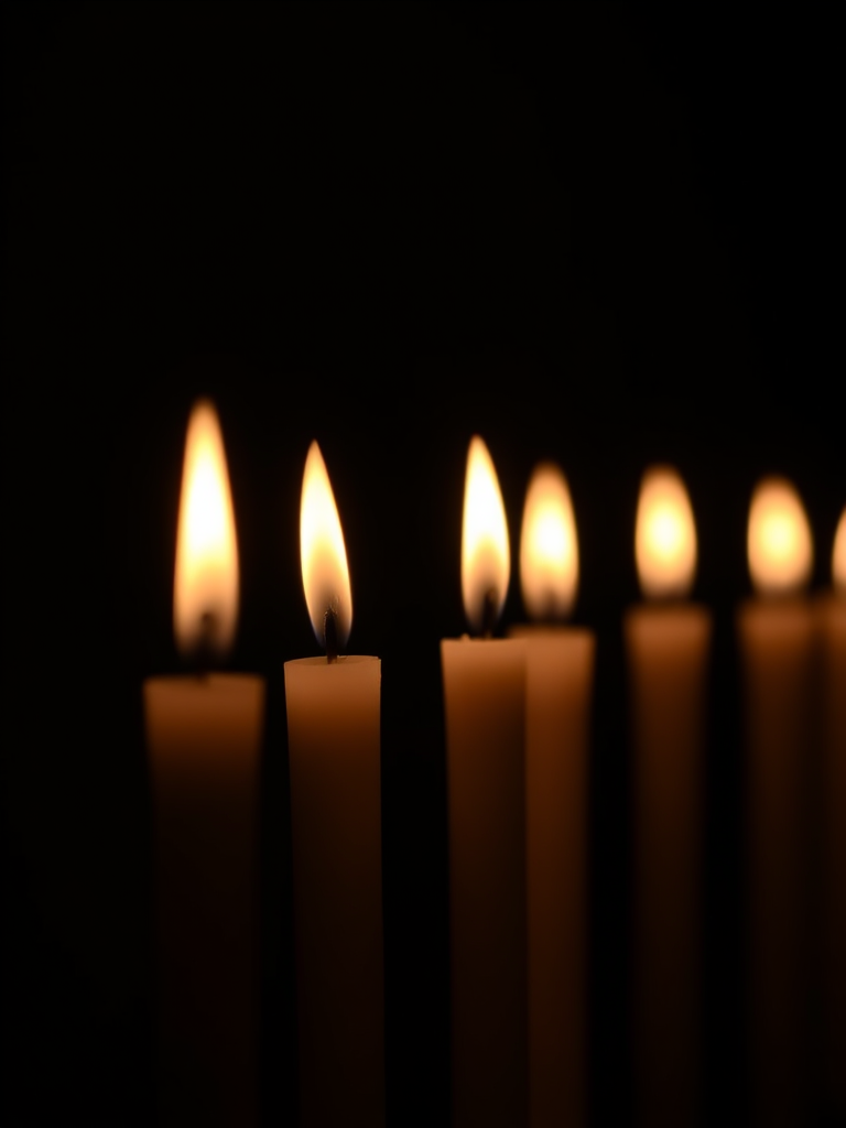 A row of softly flickering candles against a dark background, shallow depth of field, f/2.8 aperture, ISO 100, 50mm lens, shot with a DSLR camera, warm lighting to enhance the glow of the flames.