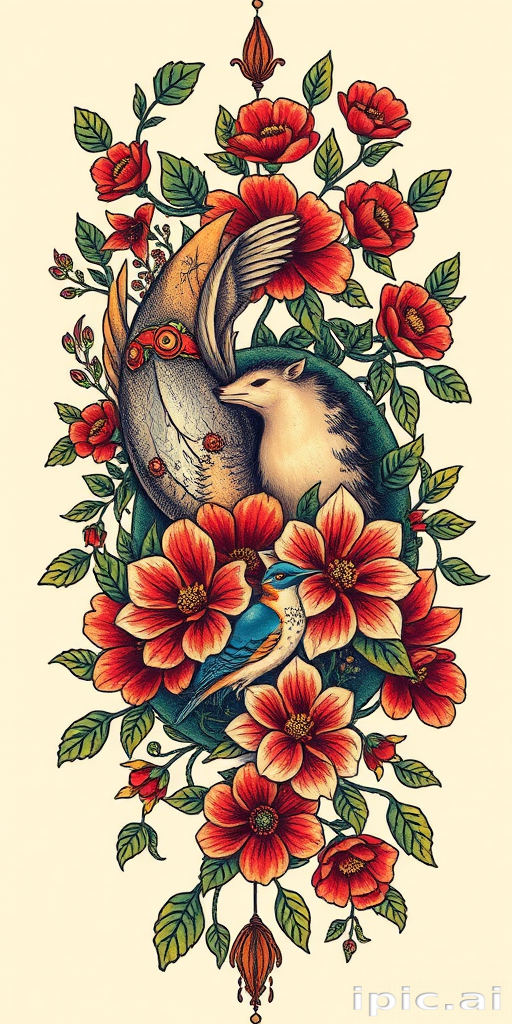 Neo-traditional tattoo piece titled "Nature's Embrace" combining elements of traditional and modern styles to create a bold stylized design of intertwining vines flowers and animals with rich saturated colors